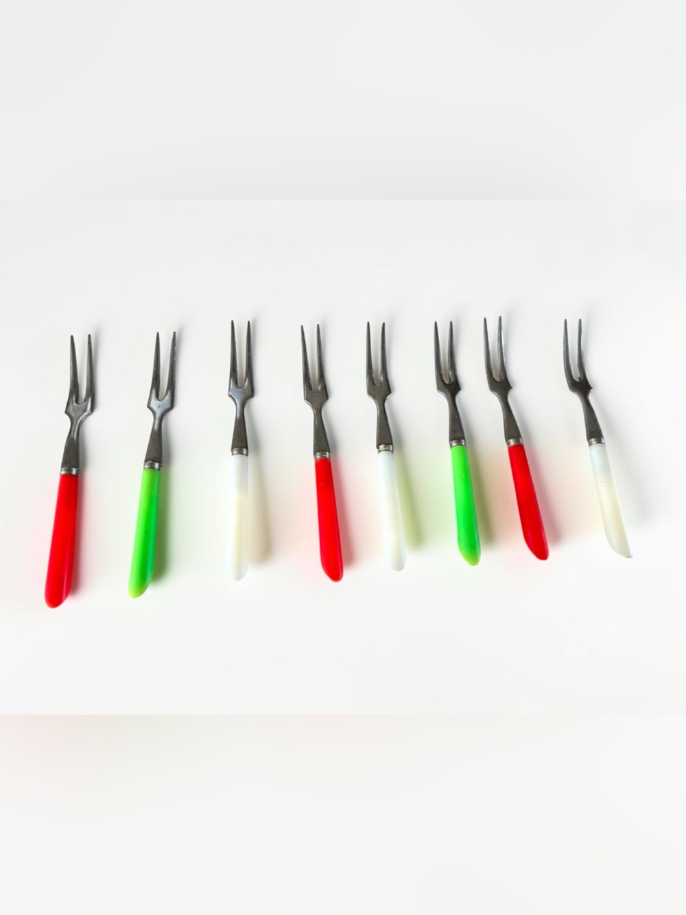 Vintage Japan Stainless Cocktail Forks Set of 8 MCM Red Green White Handles